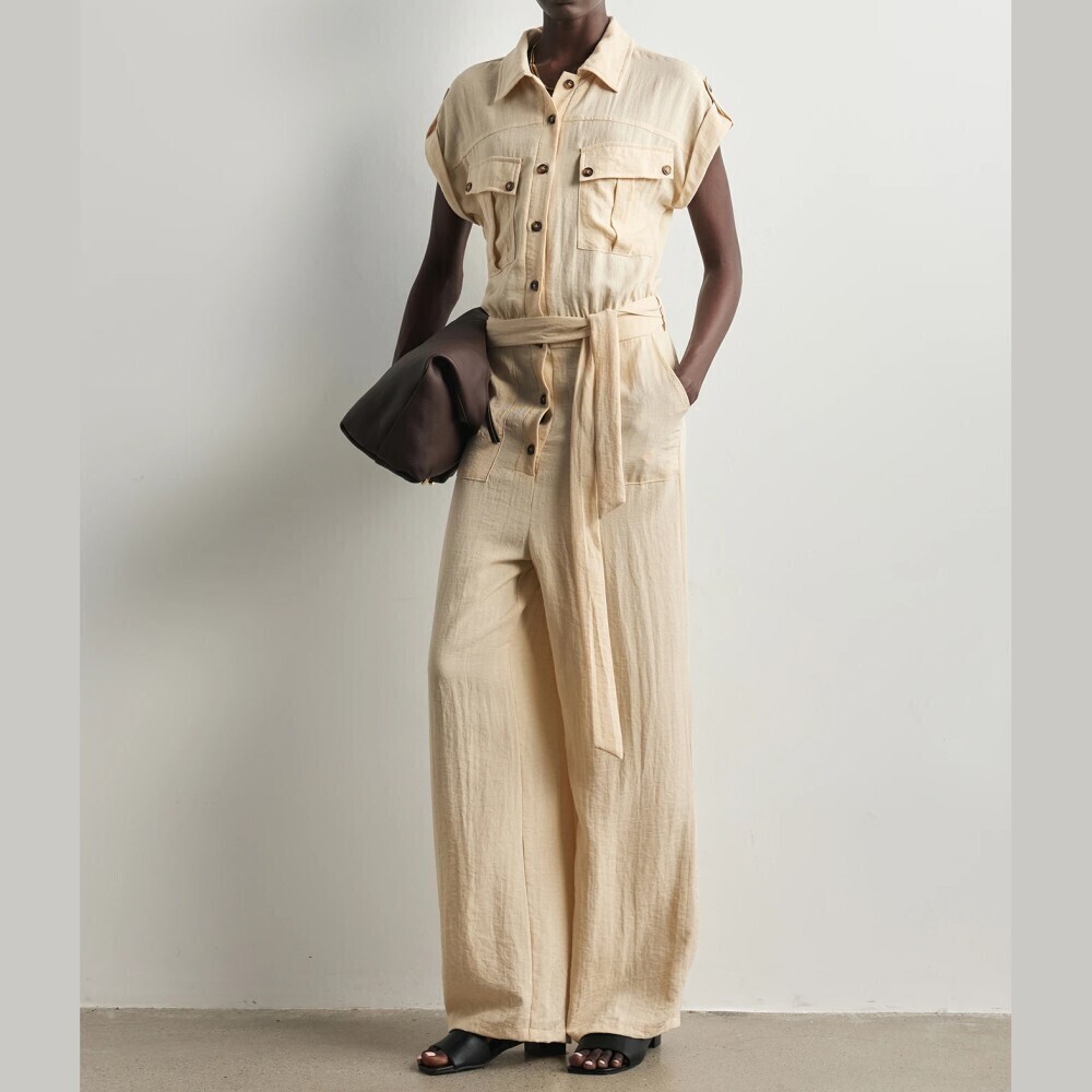 Cream Collared Cap Sleeve Belted Wide Leg Utility Jumpsuit